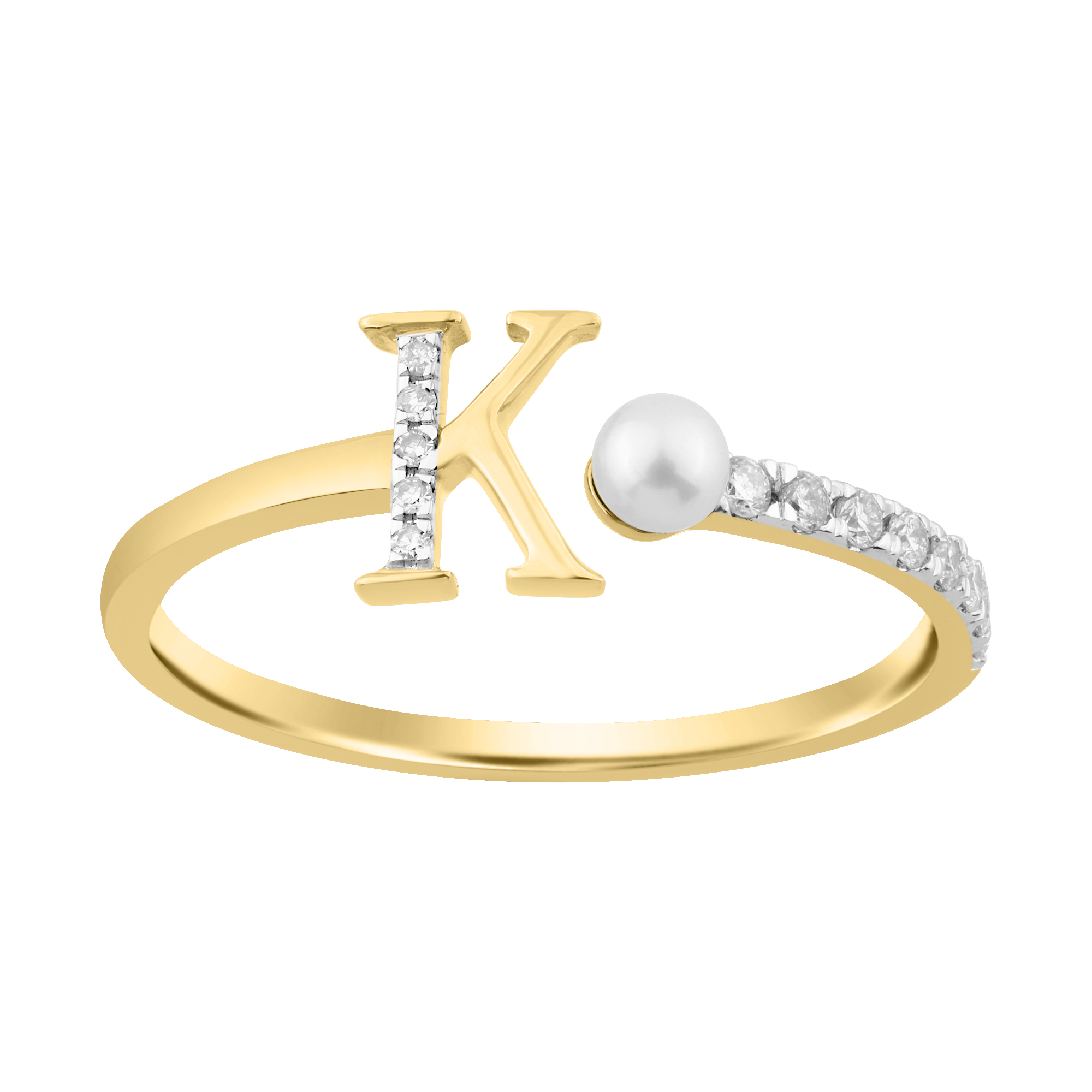 10K Yellow Gold Ladies 0.10CT Round Diamond Pearl “K” Alphabet Ring Elegant Initial Jewelry - Image 1