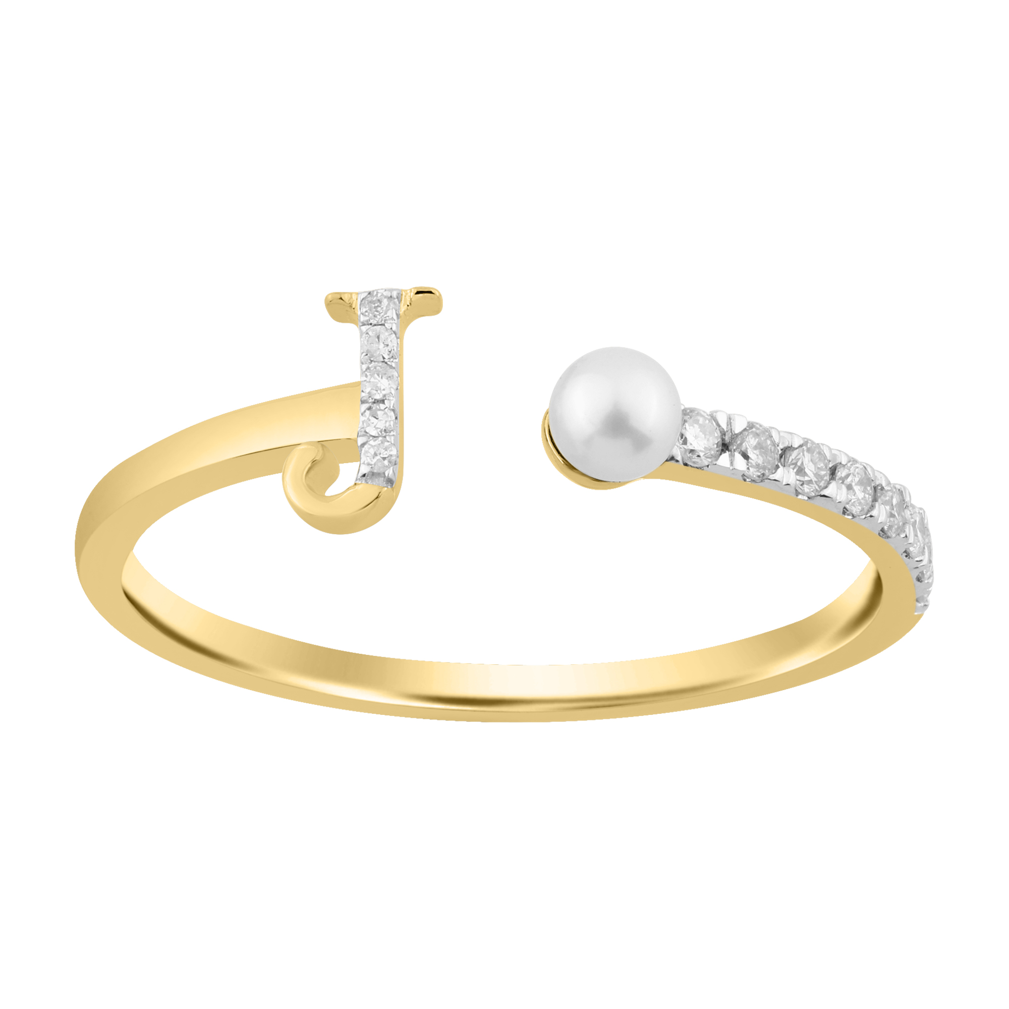 10K Yellow Gold Ladies 0.10CT Round Diamond Pearl “J” Alphabet Ring Elegant Initial Jewelry - Image 1