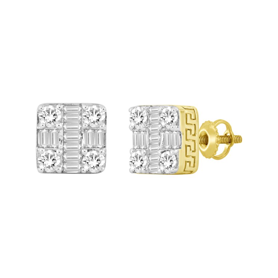 LADIES EARRINGS 1.00CT ROUND/BAGUETTE DIAMOND 10K YELLOW GOLD - Image 1