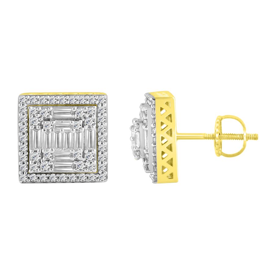 LADIES STUD EARRINGS 1.00CT ROUND/BAGUETTE DIAMOND 10K YELLOW GOLD - Image 1