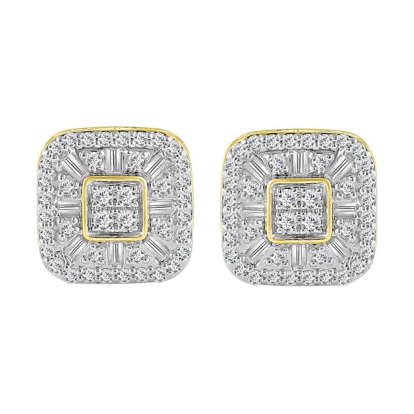LADIES STUD EARRINGS 1.00CT ROUND/BAGUETTE DIAMOND 10K YELLOW GOLD