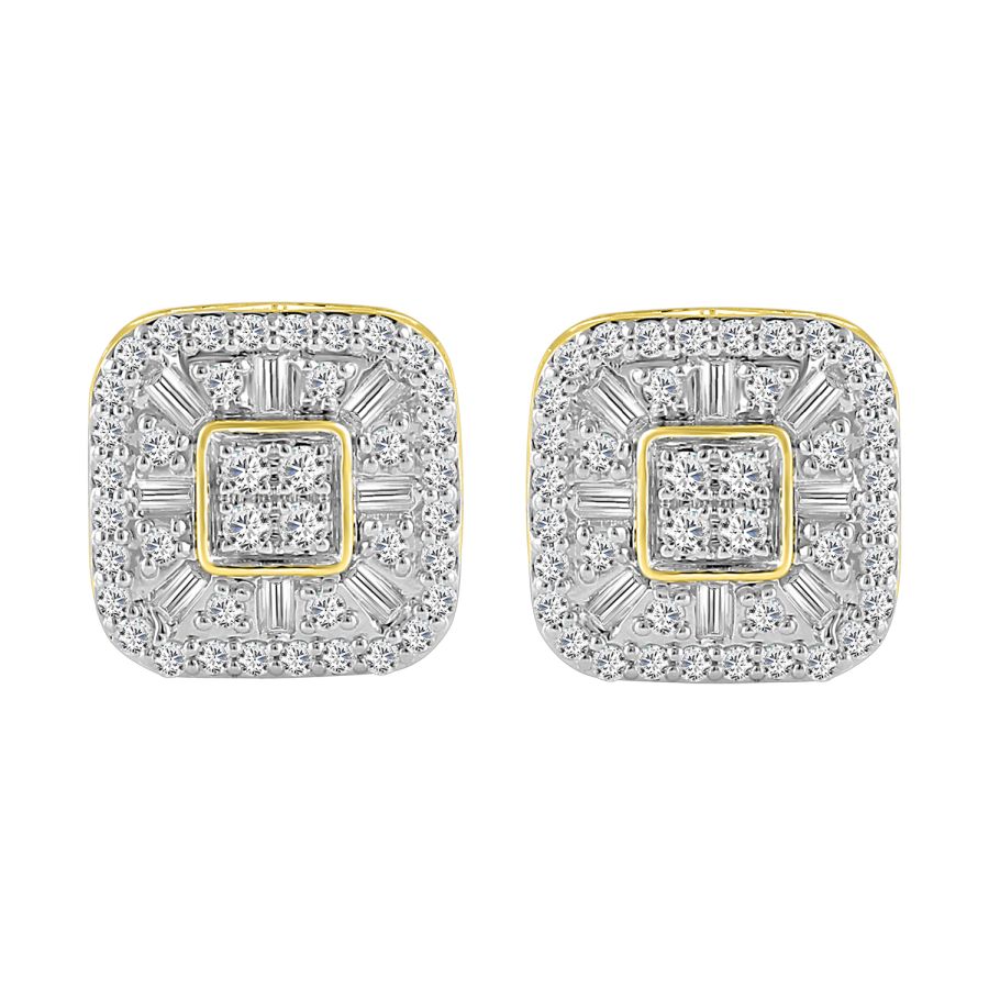 LADIES STUD EARRINGS 1.00CT ROUND/BAGUETTE DIAMOND 10K YELLOW GOLD - Image 1