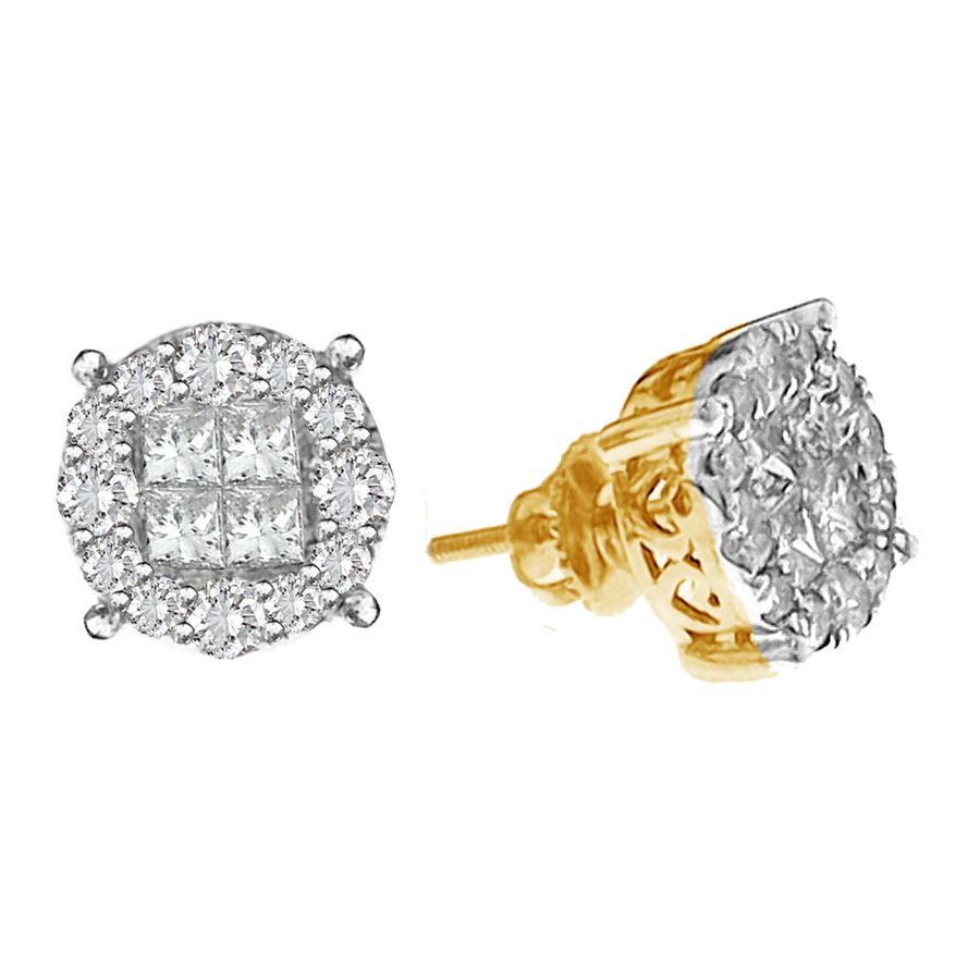LADIES STUD EARRINGS 2.00CT ROUND/PRINCESS DIAMOND 14K YELLOW GOLD - Image 1