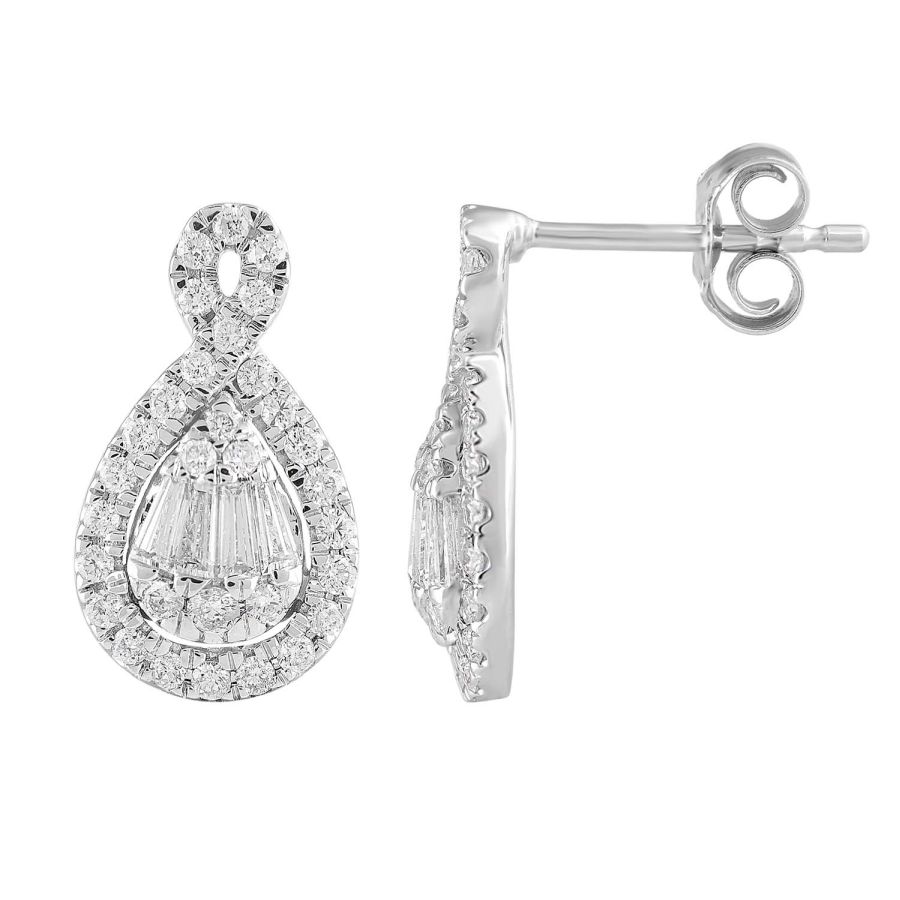 LADIES EARRINGS 0.75CT ROUND/BAGUETTE DIAMOND 14K WHITE GOLD - Image 1