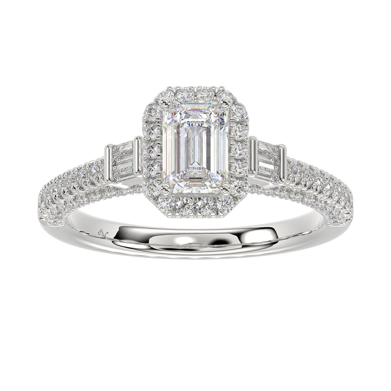 LADIES RING 1.30CT ROUND/BAGUETTE DIAMOND 14K WHITE GOLD (SI QUALITY) (CENTER STONE 0.75CT EMERALD DIAMOND) - Image 1