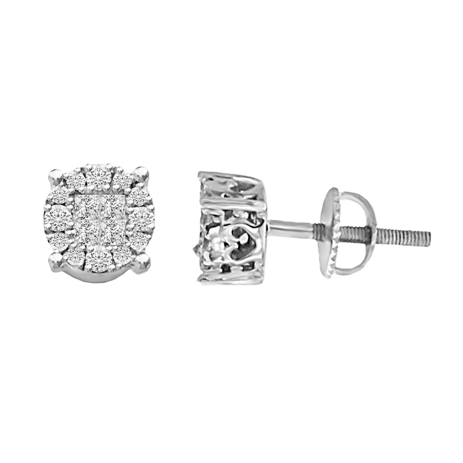 LADIES STUD EARRINGS 0.50CT ROUND/PRINCESS DIAMOND 14K WHITE GOLD - Image 1