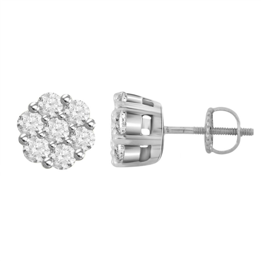 LADIES FLOWER EARRING 1.00CT ROUND DIAMOND 14K WHITE GOLD - Image 1