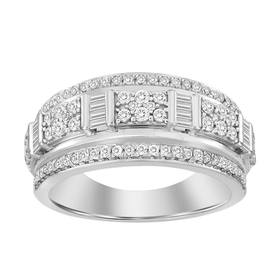 MEN'S RING 1.00CT ROUND/BAGUETTE DIAMOND 14K WHITE GOLD - Image 1