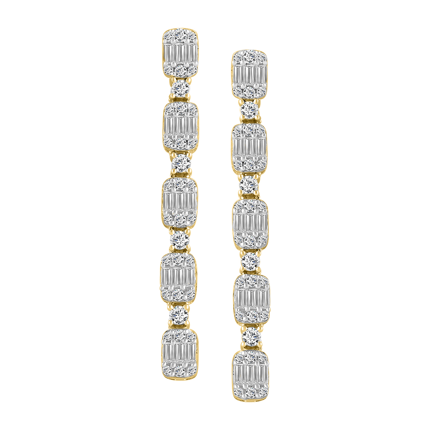 LADIES LINEAR EARRINGS 1.00CT ROUND/BAGUETTE DIAMOND 14K YELLOW GOLD - Image 1