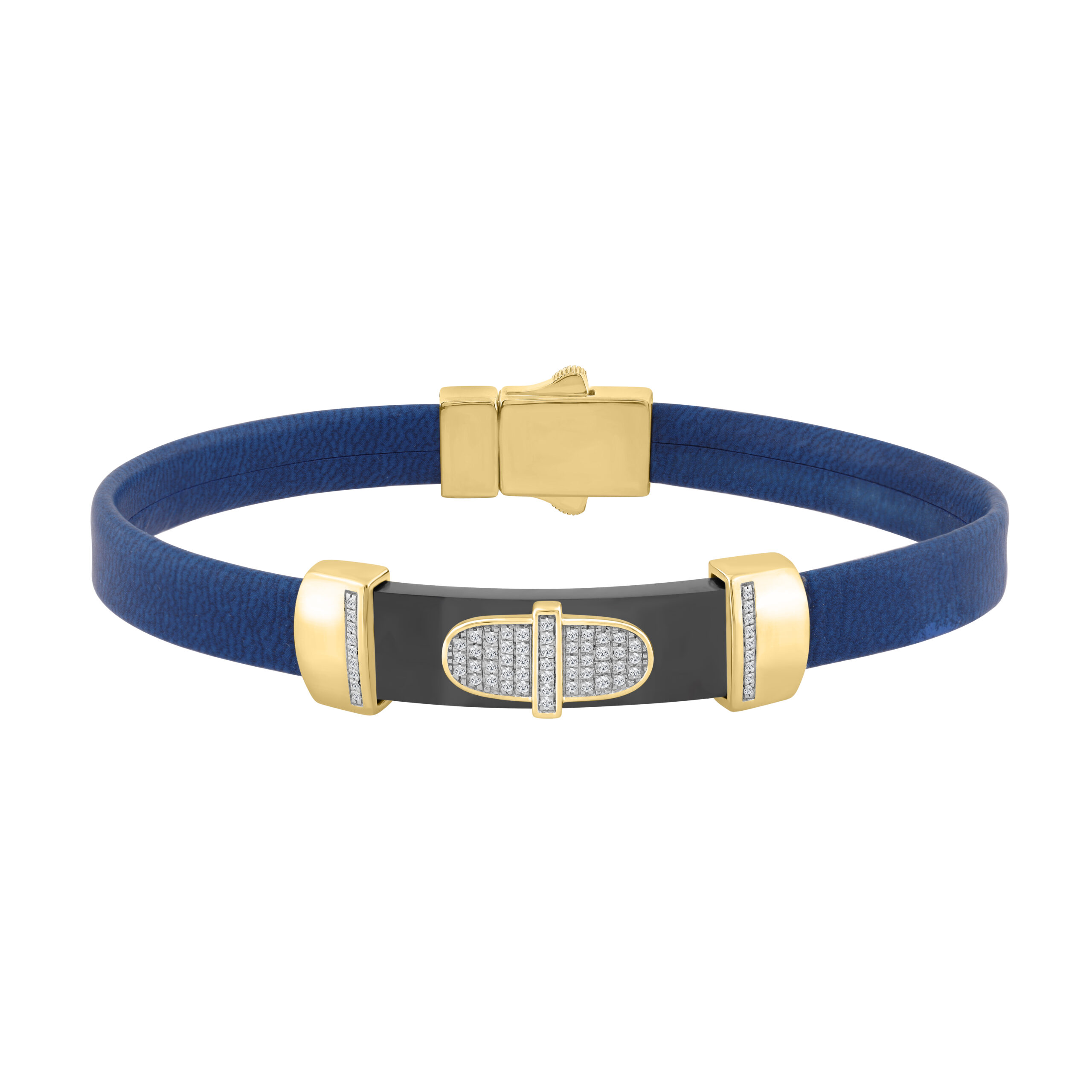 0.25 Ct Round Diamond Men’S Bracelet Yellow Gold With Rubber Strap (Blue/Black) - Image 1