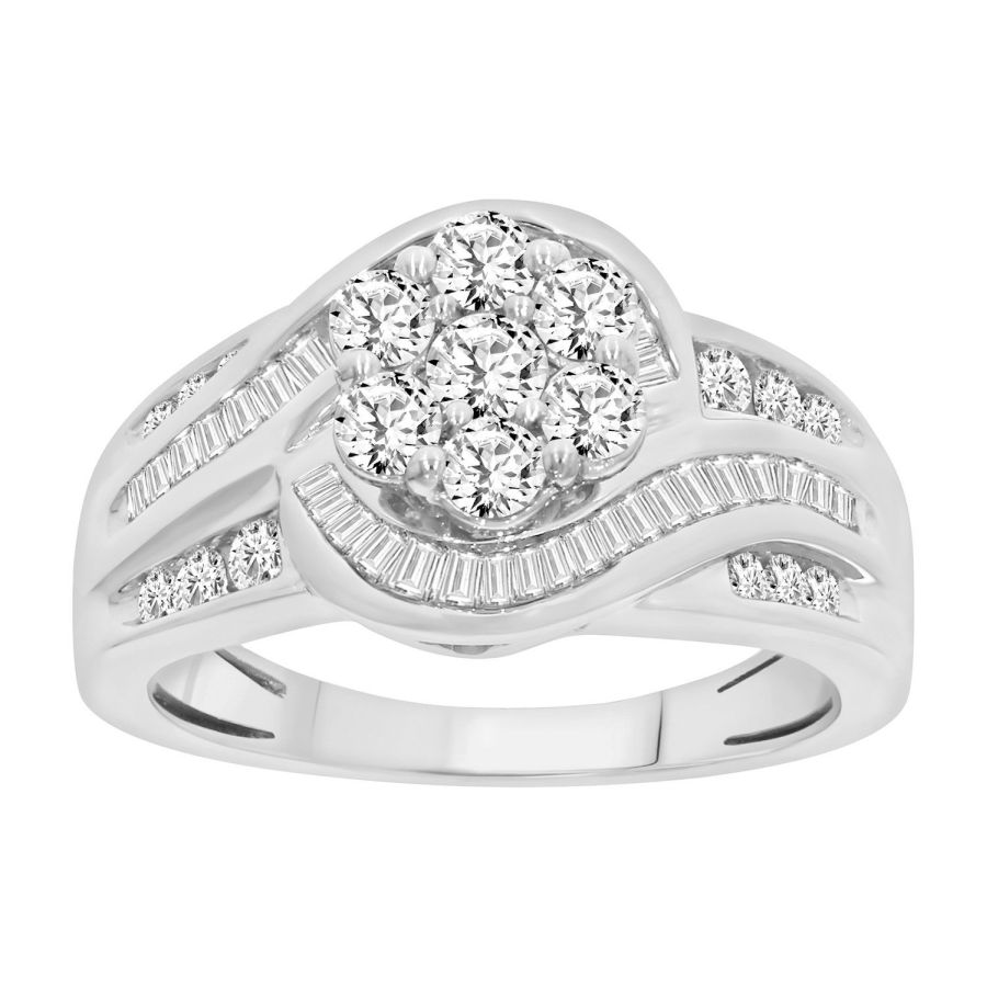 LADIES RING 1.00CT ROUND/BAGUETTE DIAMOND 10K WHITE GOLD - Image 1