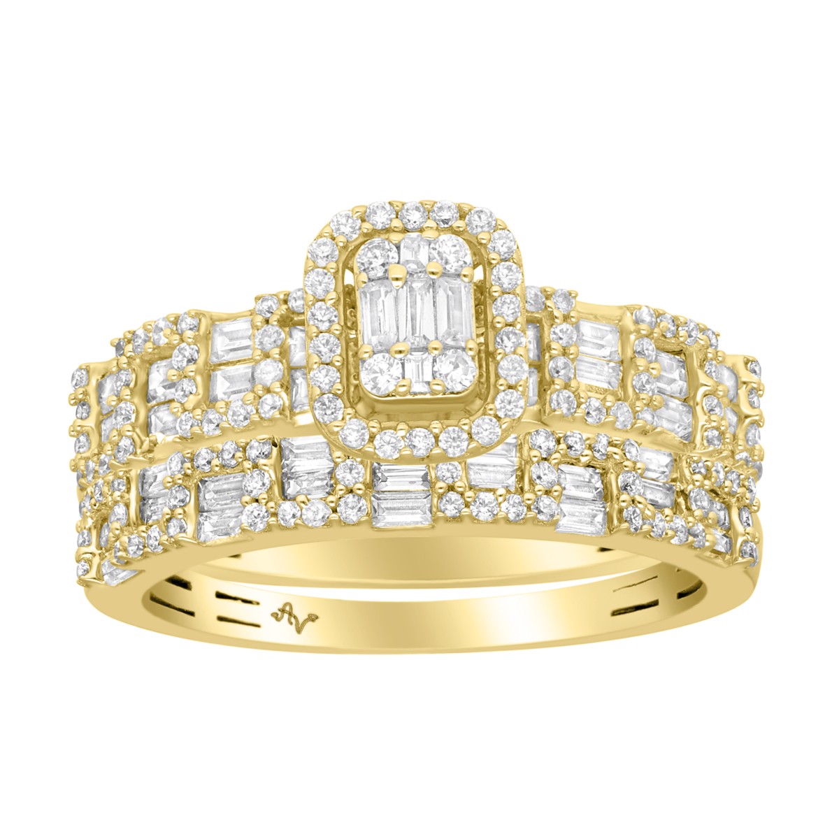 14K Yellow Gold Diamond Bridal Set 1.00CT Round & Baguette Cluster Engagement Ring & Wedding Band - Image 1