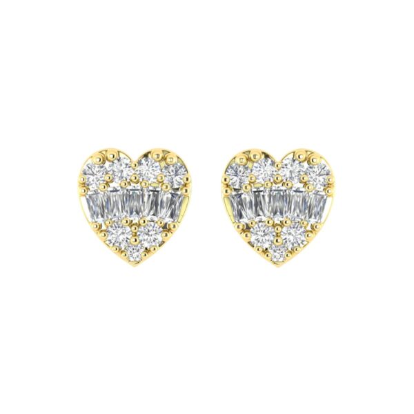 0.25CT Diamond Heart Shape Earrings In 10K Yellow Gold Round & Baguette Diamond Fashion Earrings For Women