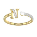 Women’S 10K Yellow Gold Letter “N” Diamond & Pearl Ring 0.10Ct Round Diamond Fine Jewelry