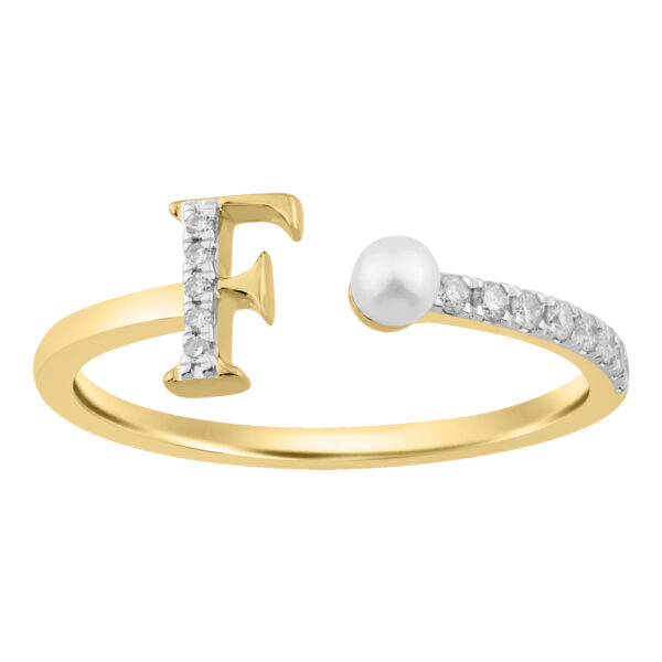 Women’S 10K Yellow Gold Letter “F” Diamond & Pearl Ring 0.10Ct Round Diamond Fine Jewelry