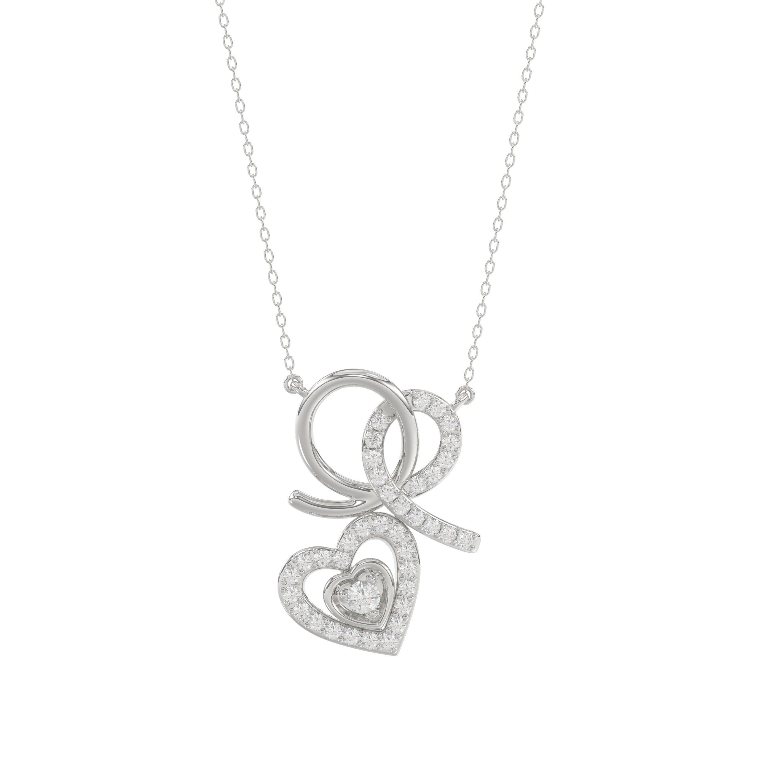 Stylish 10K White Gold 0.15Ct Ladies Necklace Featuring Intertwined Double Hearts And Diamond Accents. A Delicate And Elegant Fine Jewelry - Image 1