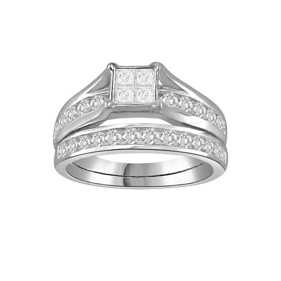 LADIES BRIDAL RING SET 1.00CT ROUND/PRINCESS/INV DIAMOND 14K WHITE GOLD - Image 1
