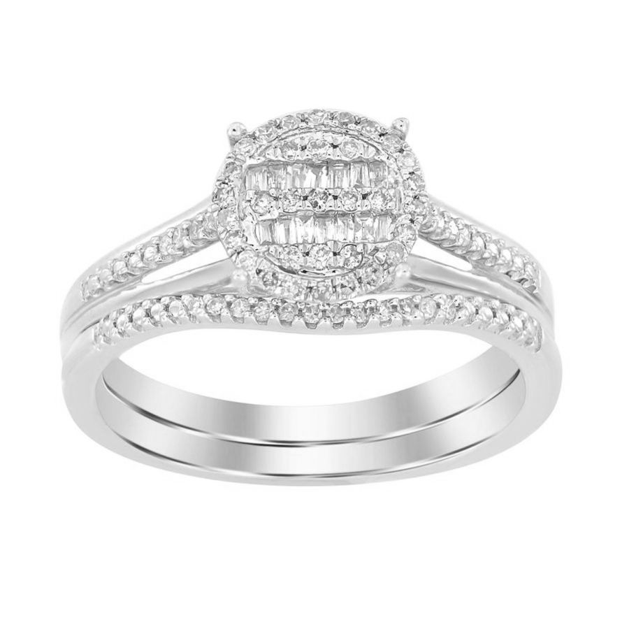 LADIES BRIDAL SET 0.25CT ROUND/BAGUETTE DIAMOND 10K WHITE GOLD - Image 1