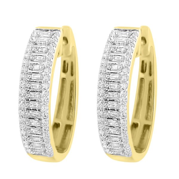 LADIES HOOP EARRINGS 0.50CT ROUND/BAGUETTE DIAMOND 10K YELLOW GOLD