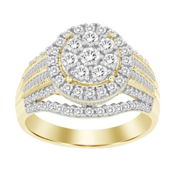 LADIES FASHION RING 1.00CT ROUND/BAGUETTE DIAMOND 10K YELLOW GOLD