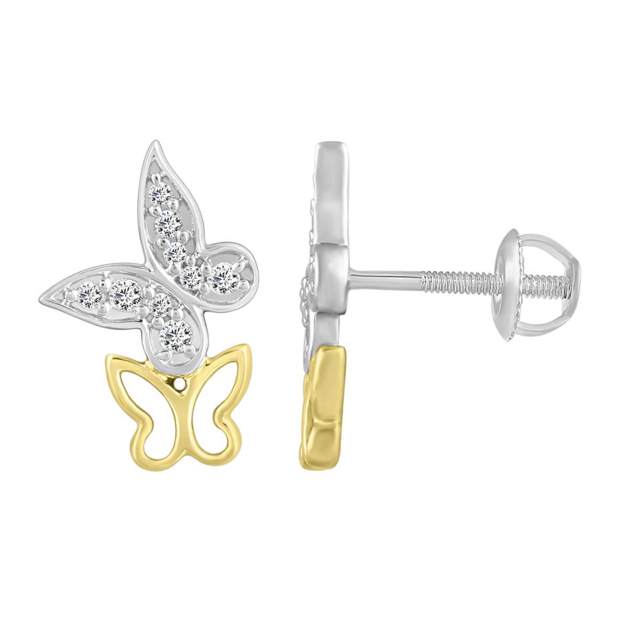 LADIES EARRINGS 0.15CT ROUND DIAMOND 10K WHITE/YELLOW GOLD - Image 1