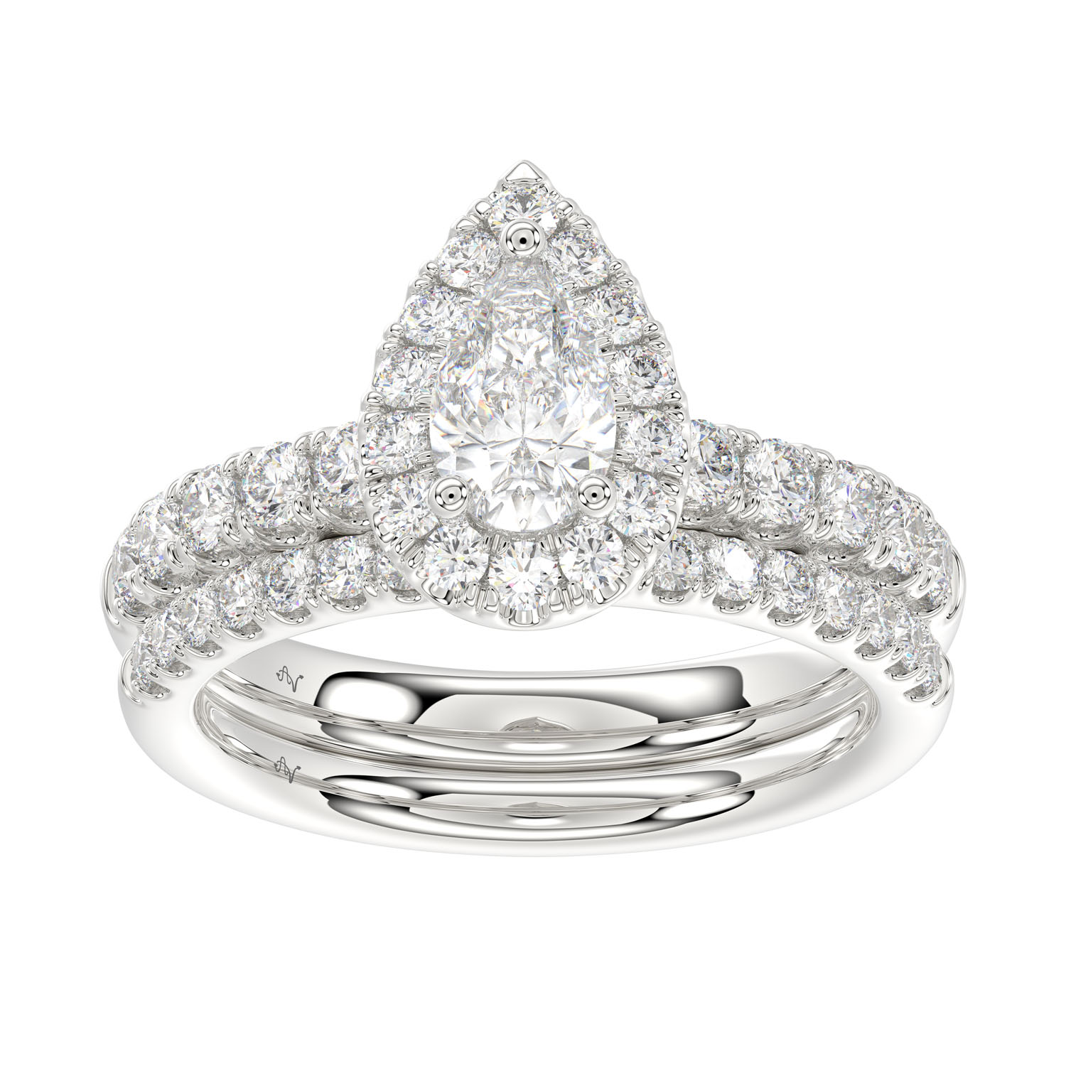 LADIES BRIDAL SET 1.55CT ROUND DIAMOND 14K WHITE GOLD (SI QUALITY) (CENTER STONE 0.75CT PEAR DIAMOND) - Image 1