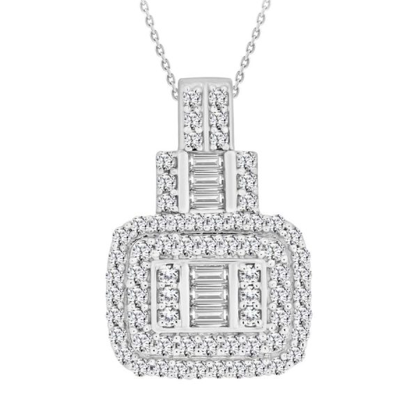LADIES PENDANT WITH CHAIN 0.75CT ROUND/BAGUETTE DIAMOND 14K WHITE GOLD