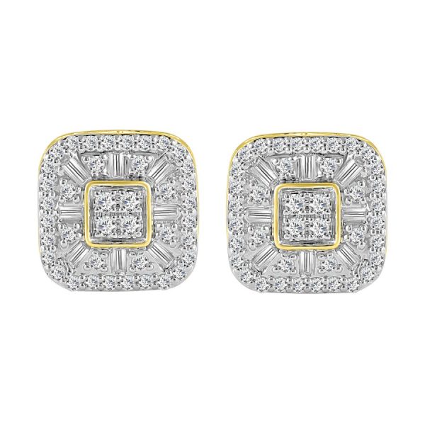 LADIES STUD EARRINGS 1.00CT ROUND/BAGUETTE DIAMOND 10K YELLOW GOLD