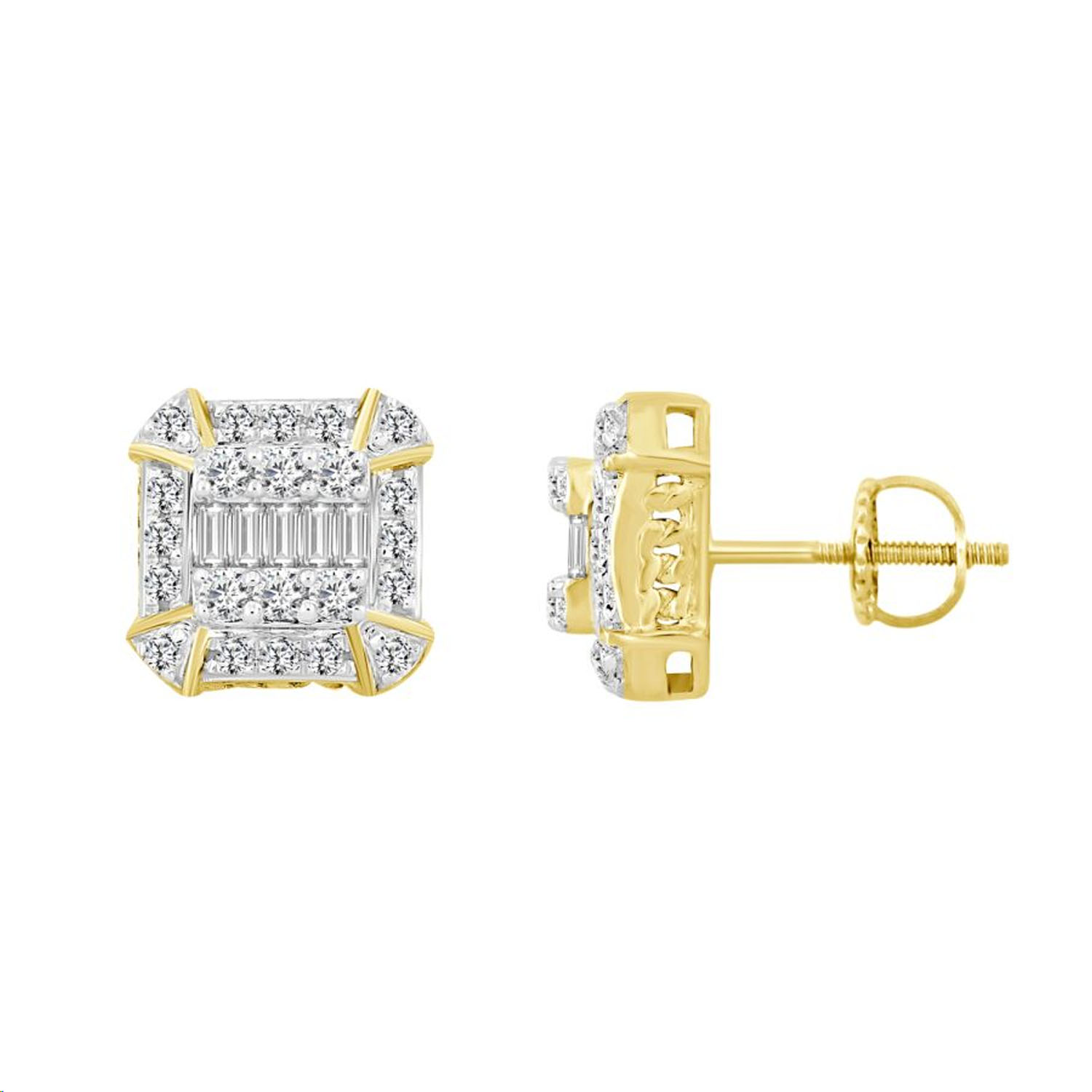 LADIES EARRINGS 0.75CT ROUND/BAGUETTE DIAMOND 10K YELLOW GOLD - Image 1