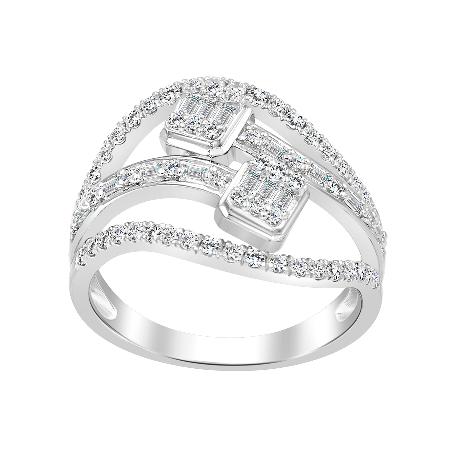 LADIES RING 0.75CT ROUND/BAGUETTE DIAMOND 14K WHITE GOLD - Image 1