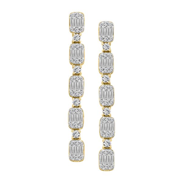 LADIES LINEAR EARRINGS 1.00CT ROUND/BAGUETTE DIAMOND 14K YELLOW GOLD