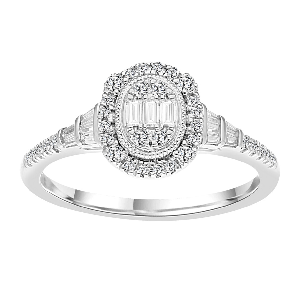 LADIES RING 0.33CT ROUND/BAGUETTE DIAMOND 14K WHITE GOLD (SI QUALITY) - Image 1