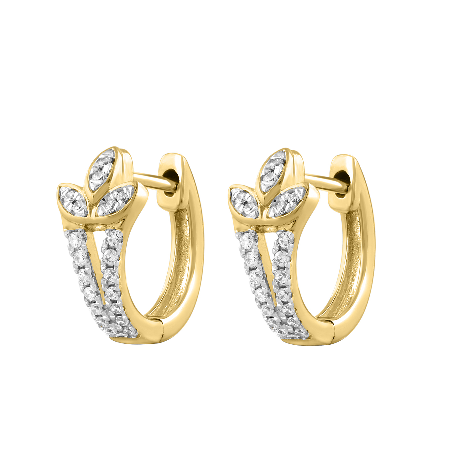 LADIES HOOPS EARRING 0.16CT ROUND DIAMOND 10K YELLOW GOLD - Image 1