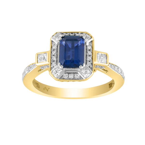 LADIES RING 1.50CT ROUND/PRINCESS/BLUE SAPPHIRE EMERALD DIAMOND 14K YELLOW GOLD (CENTER STONE 1.00CT BLUE SAPPHIRE EMERALD DIAMOND)
