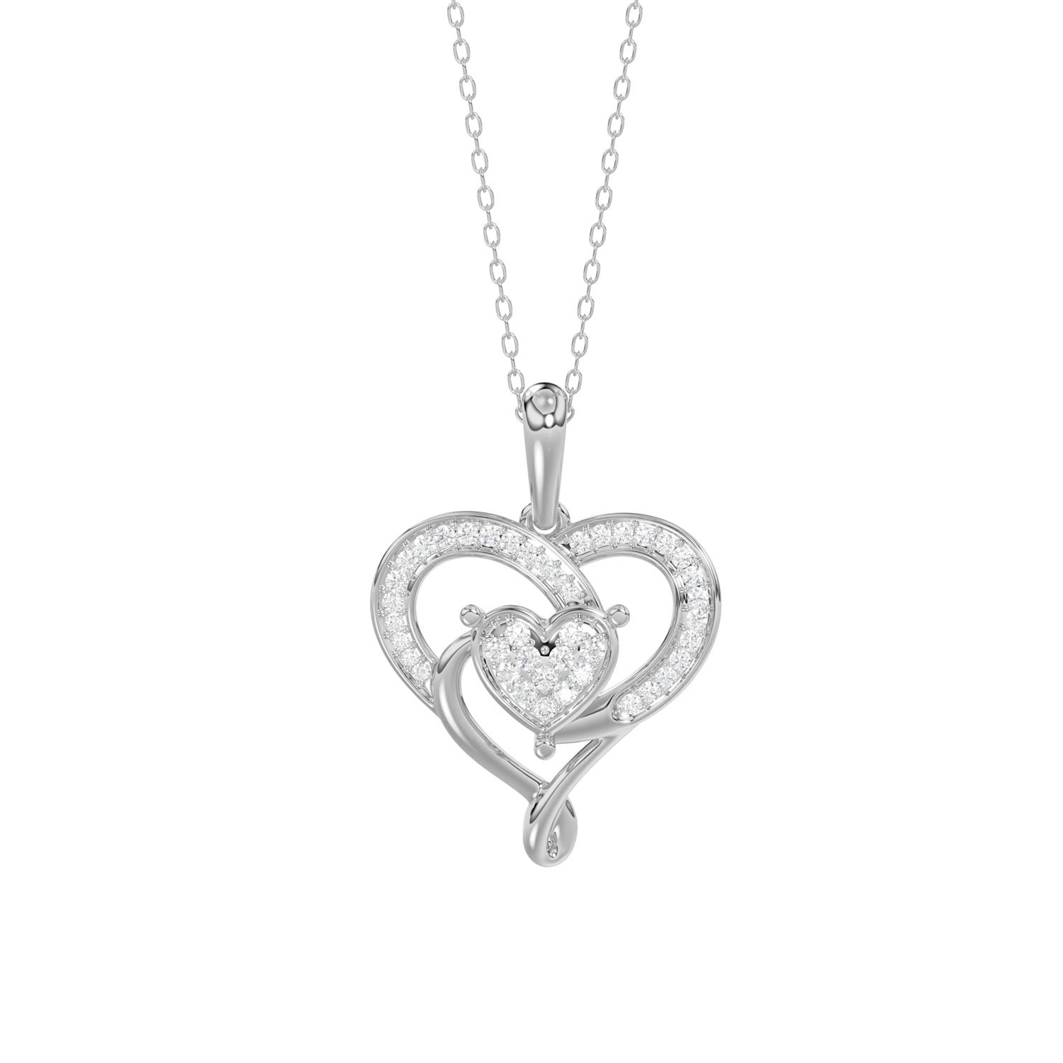 10K WHITE GOLD DOUBLE HEART DIAMOND PENDANT FOR LADIES 0.15CT ROUND DIAMOND PENDANT WITH CHAIN - Image 1