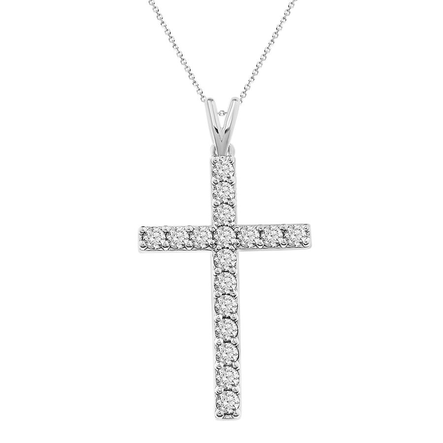 LADIES CROSS PENDANT WITH CHAIN 1.00CT ROUND DIAMOND 14K WHITE GOLD - Image 1